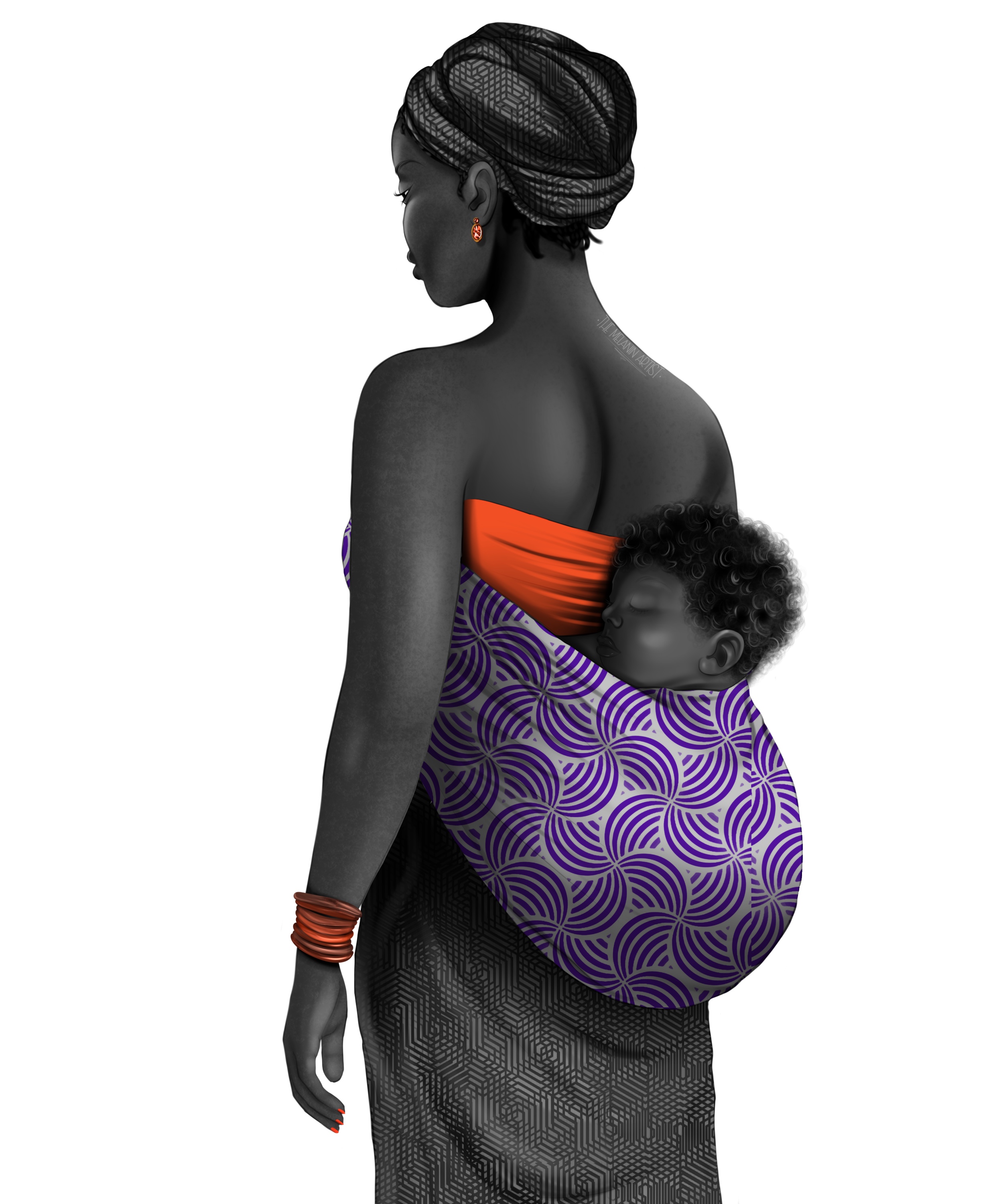 An African woman carrying a baby on her back