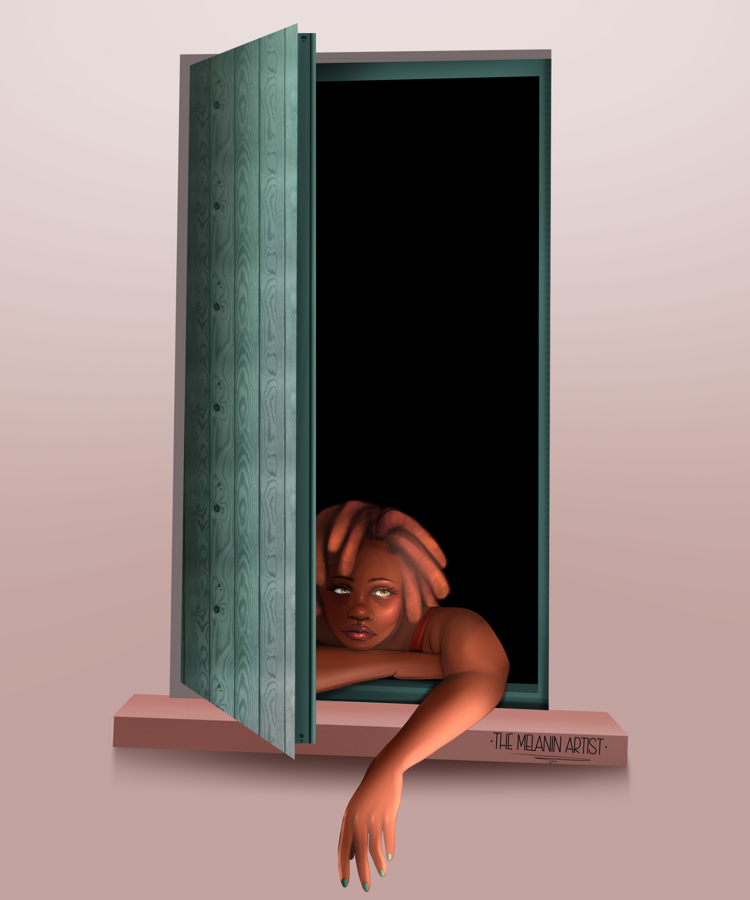 A woman with short locs leans out of an open window.