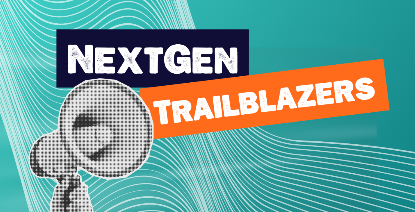 Hand holding megaphone with next-gen traillblazer text
