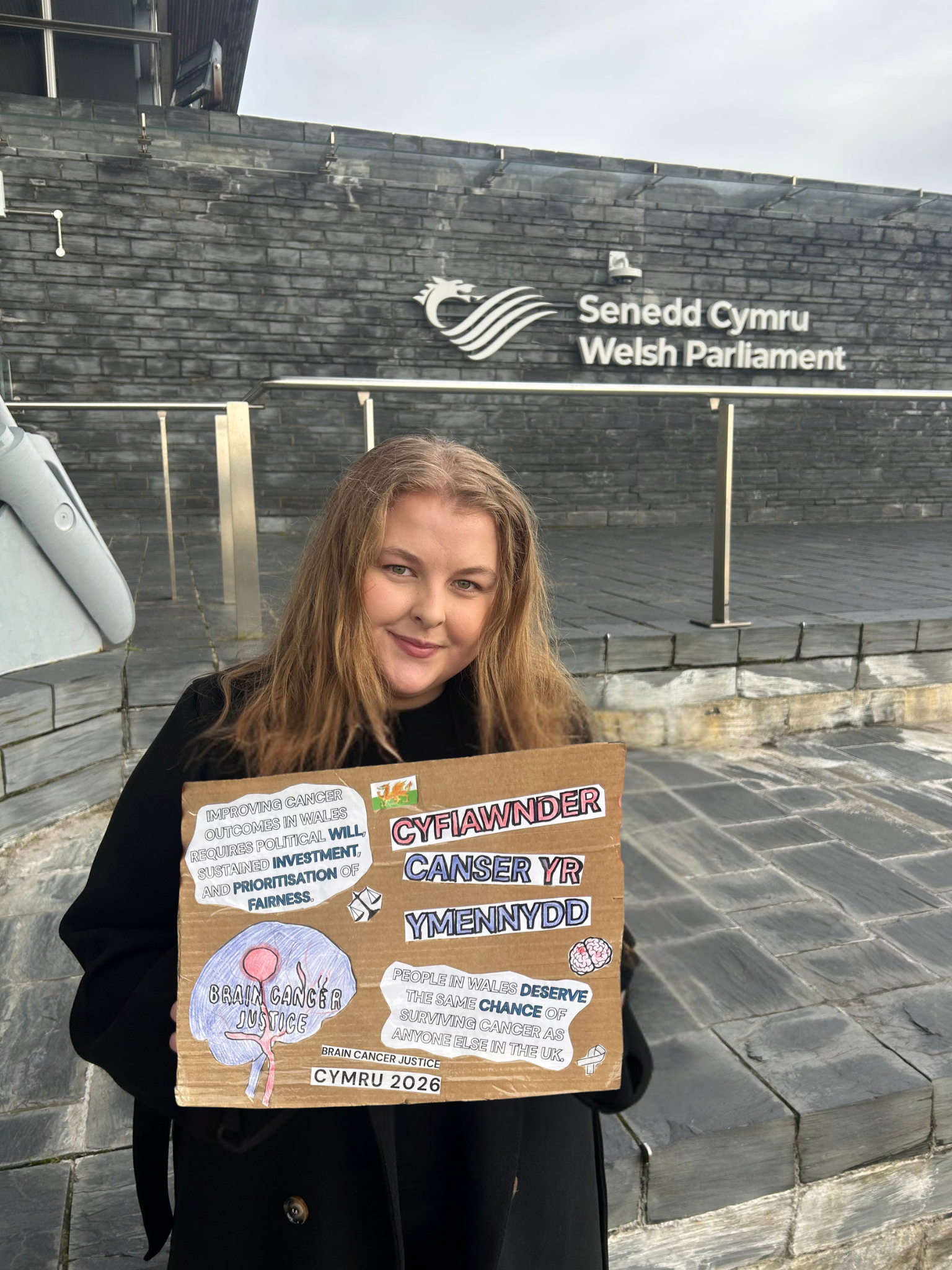 Molly - the writer - has been championing in Wales where she lives. A photo of Molly holding a sign outside of Yr Senedd (Welsh Government building).