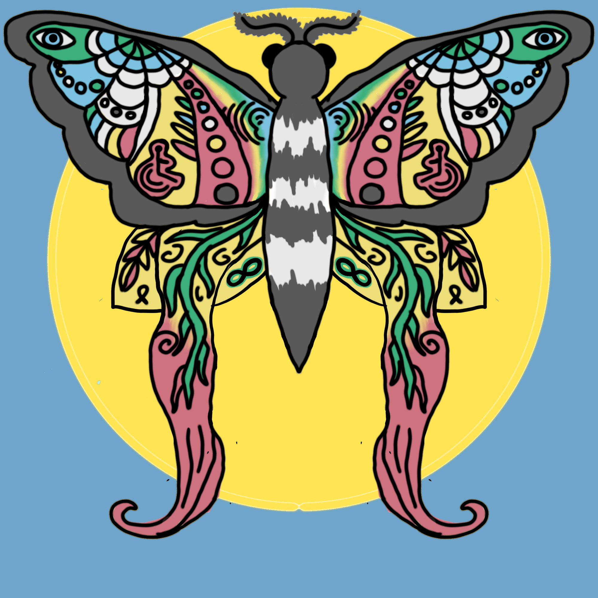 Blue background with yellow circle. On top of this is a large folk-art style moth with patterns including symbols for different disabilities e.g a wheelchair, an eye and an ear.