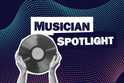 "Musician Spotlight" written next to an black and white image of two hands holding up a vinyl record 
