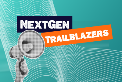 The words 'NextGen Trailblazer' on an blue with a black and white graphic of a megaphone