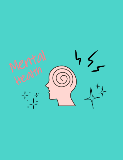A graphic of a head with a spiral inside it. Squiggles are around the head. Above the head there is text stating 'mental health'.
