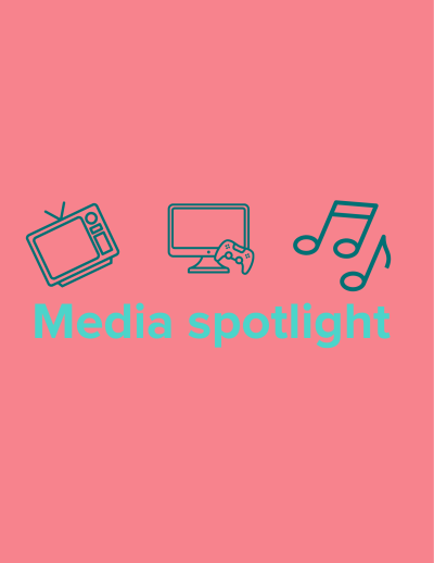 A pink background with green icons of a tv screen, music notes and a gaming console. 