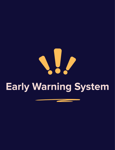 'Early Warning System' with yellow exclamation marks above it. Image is on a dark purple background.