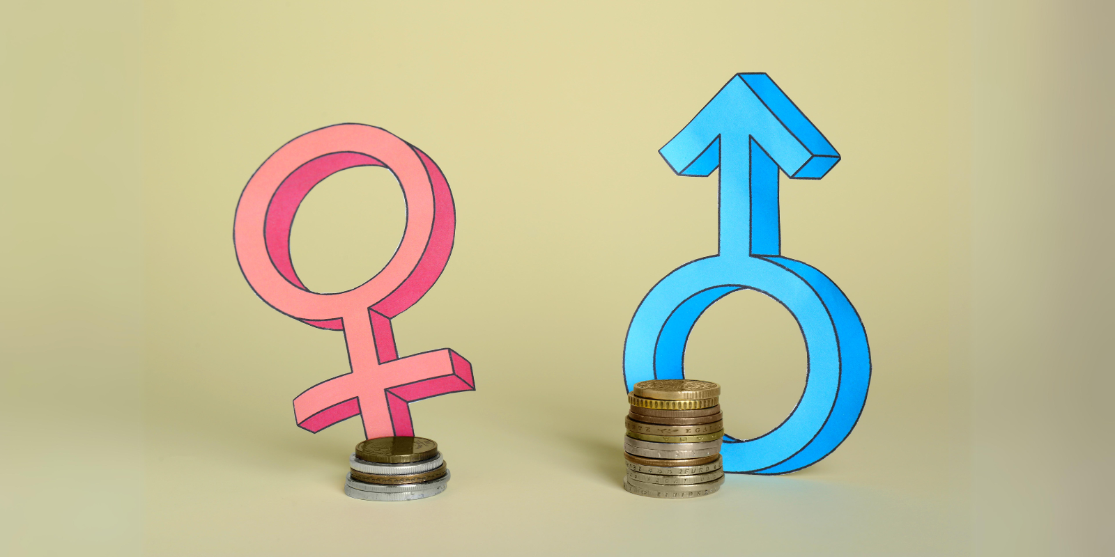 a woman and male symbol with coins next to them