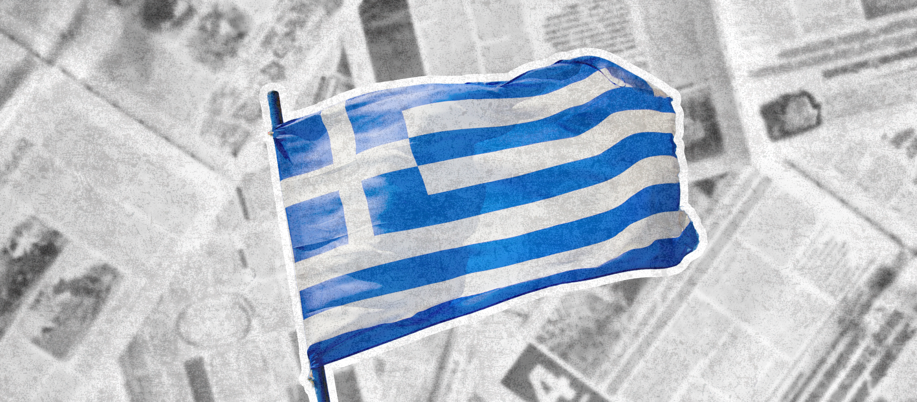 Greek flag on a background of black and white newspapers