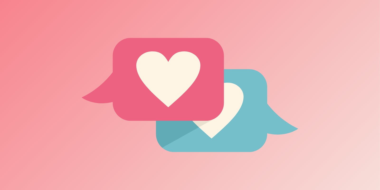 pink and blue text bubbles with white hearts on a pink gradient background
