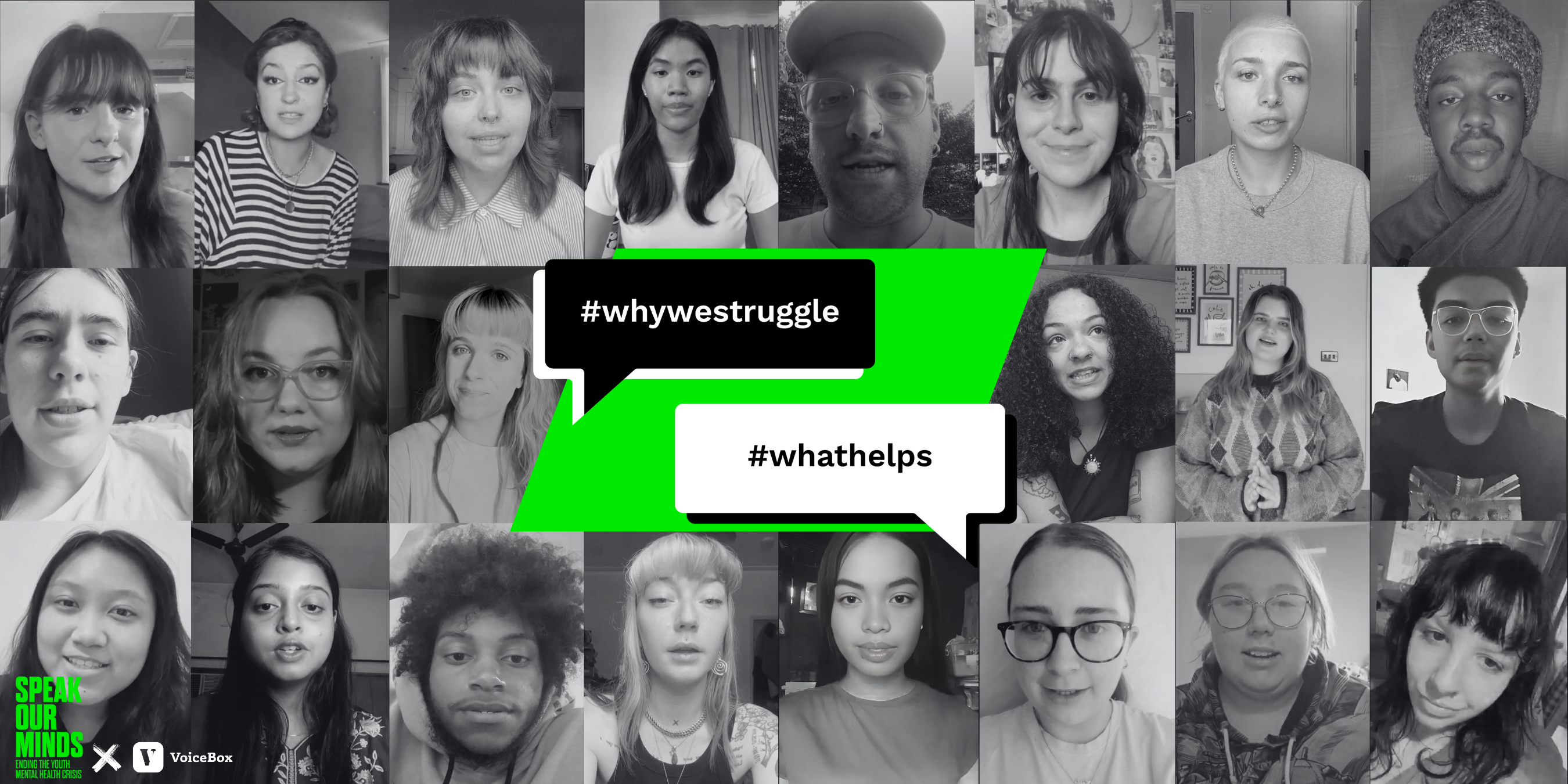 a compilation of photos of the campaign participants with a green shape in the middle with the words #whywestruggle #whathelps