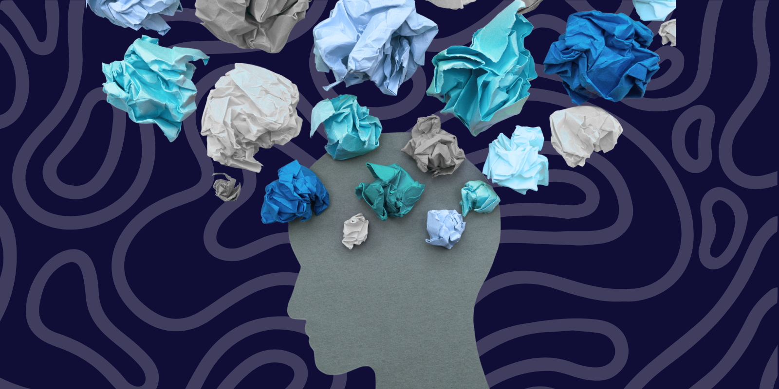 silhouette of a face with blue and white crumpled pieces of paper on top 