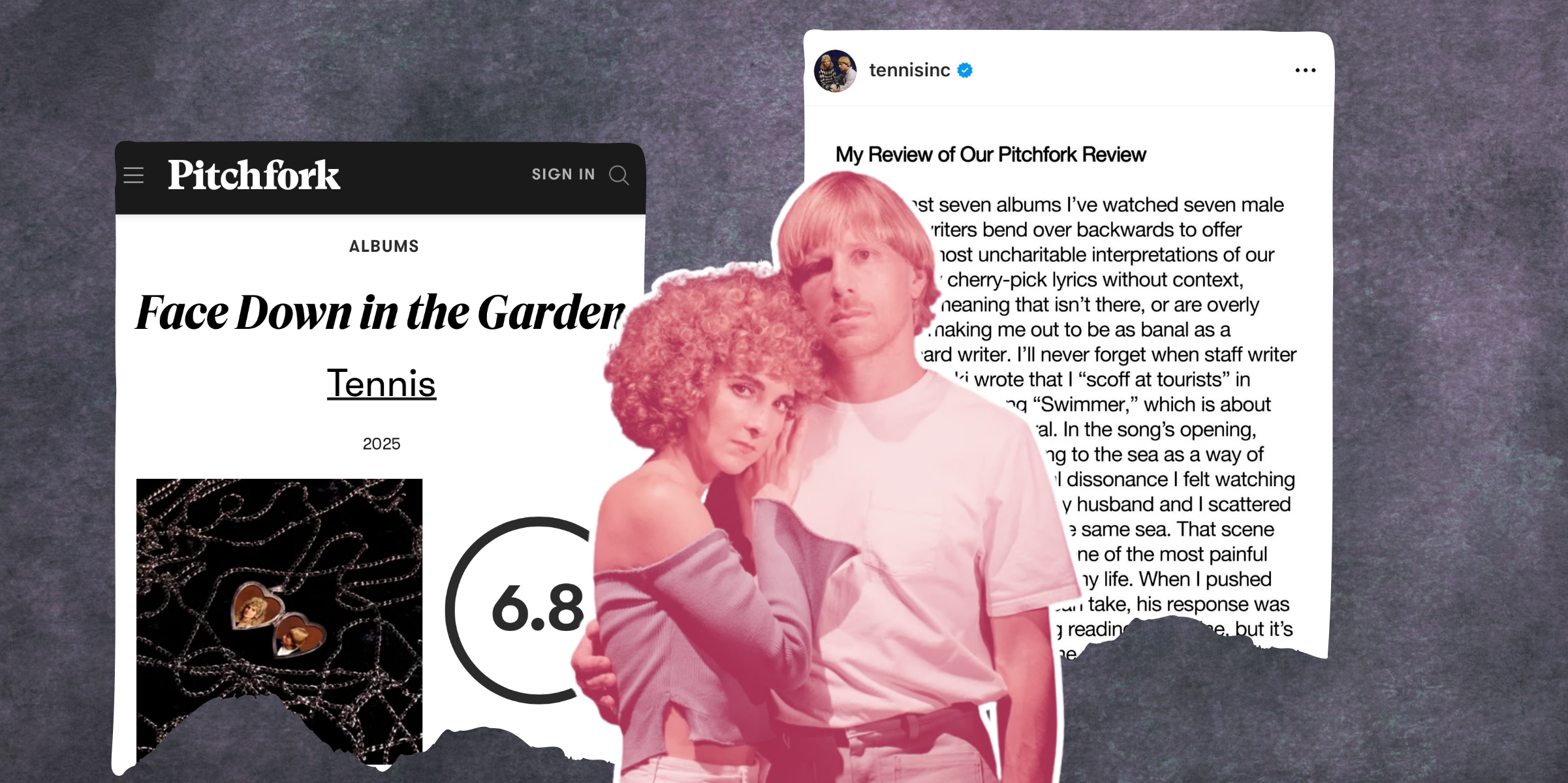 a cutout image of the members of Tennis Overlaid on a screenshot of the pitchfork review and their response to it
