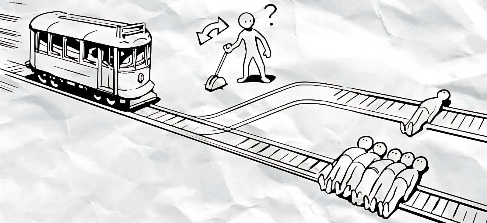 an illustration of the trolley problem on a paper background