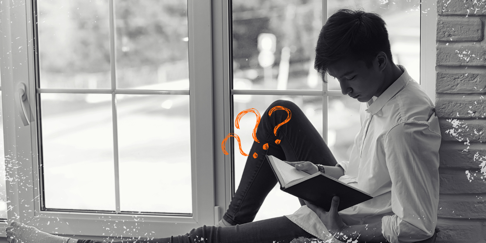 a teen boy sitting by a window reading a book with sketched question marks on top of the image