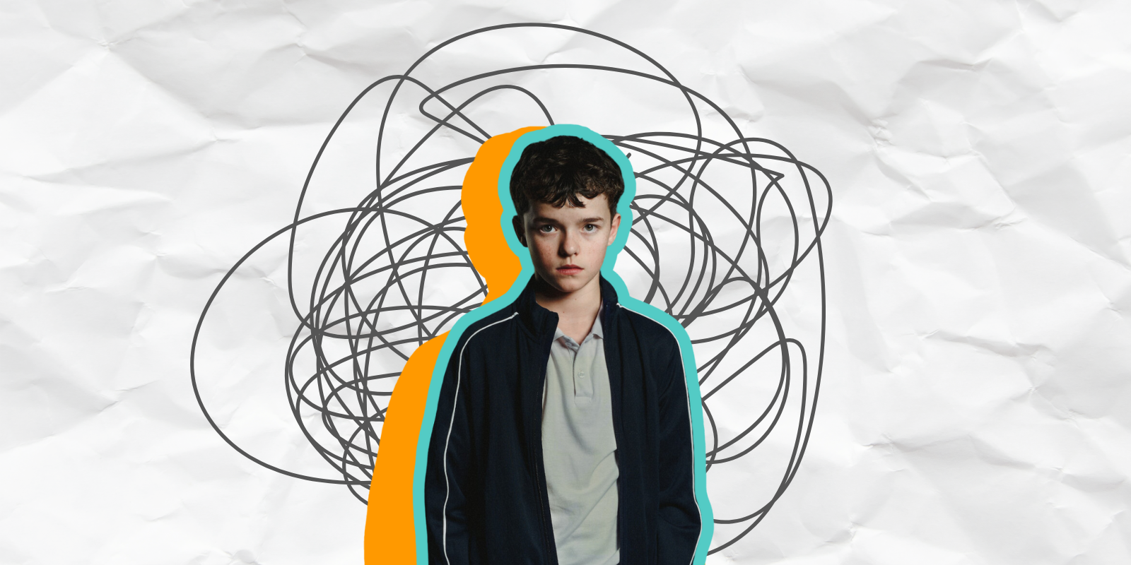 Jamie from the show Adolescence with teal and orange shadows around him on a paper background