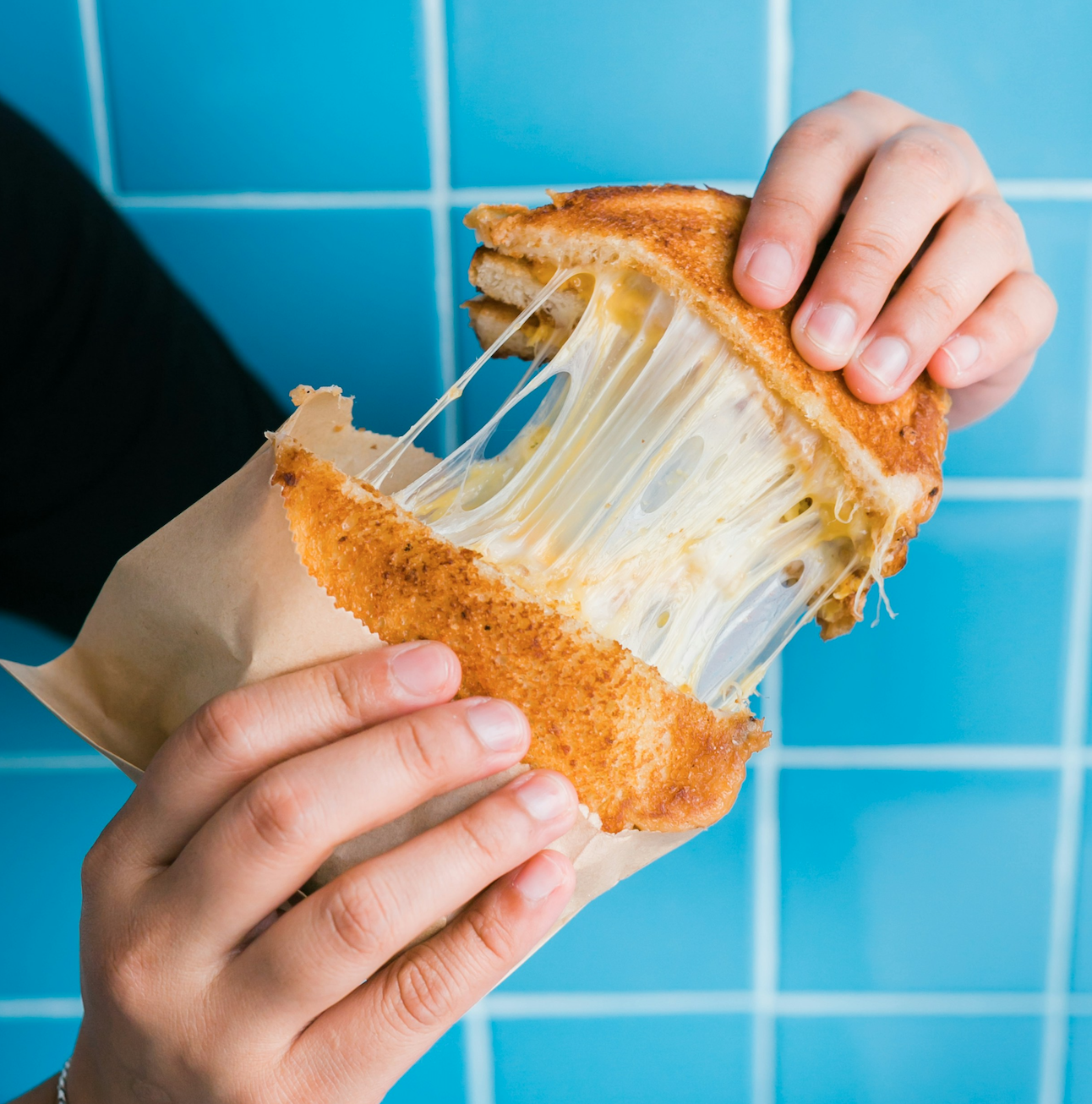 A toasted cheese sandwich being pulled apart on a blue background.