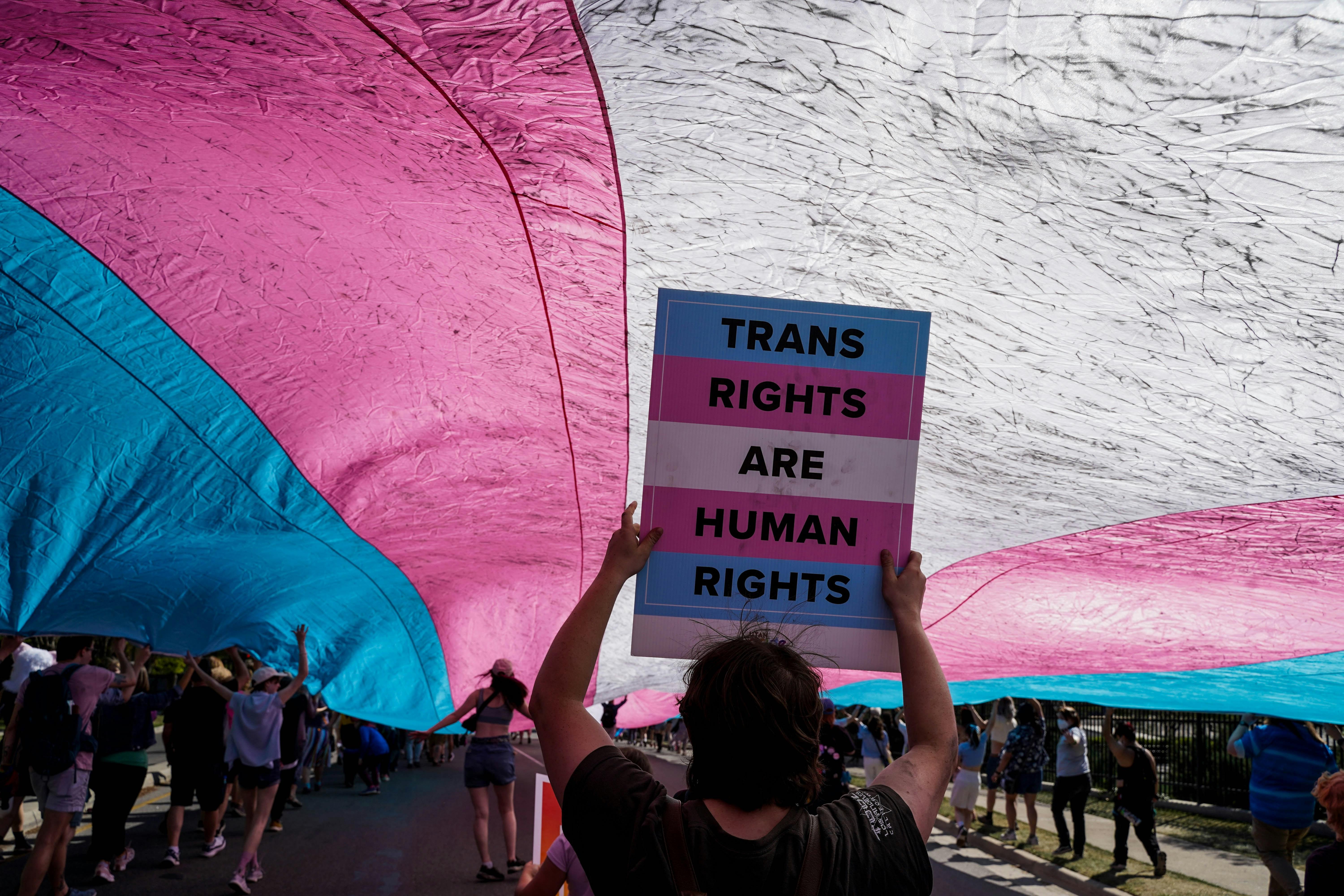 A trans flag held above someone holding a poster in support of trans people.