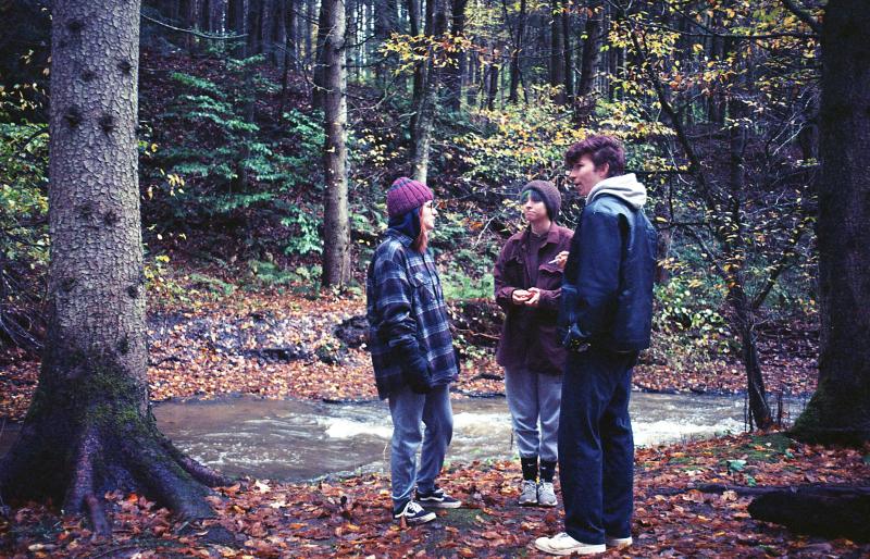 Three young people on a hike in the woods.