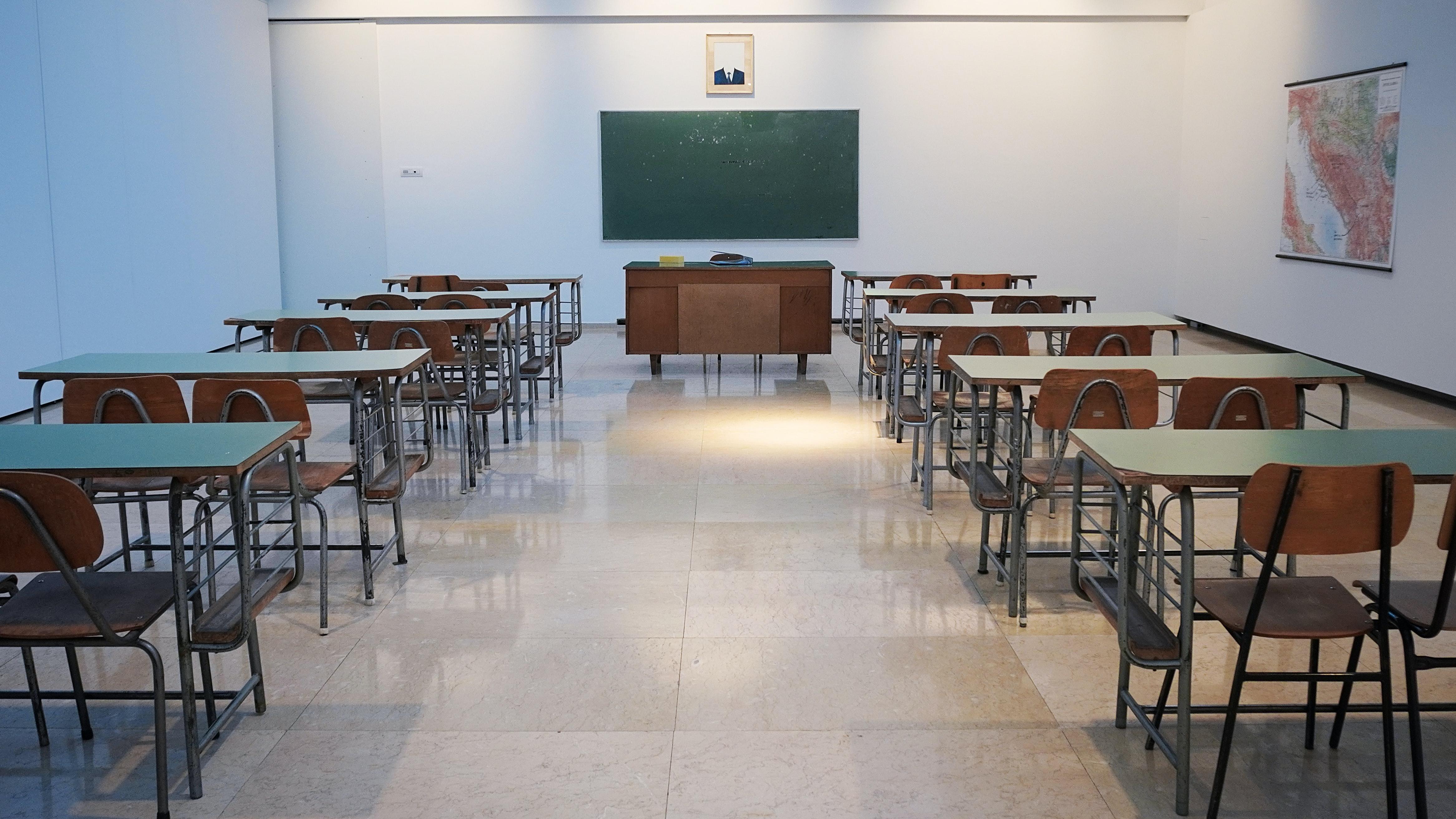 a classroom with two columns of desks