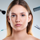woman with surrounded by a makeup brush, botox needle, comb and hair scissors