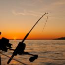 fishing rod against the background of water and the sunset