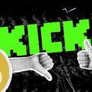 Kick logo with thumbs up and thumbs down and bitcoin graphics