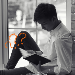 a teen boy sitting by a window reading a book with sketched question marks on top of the image