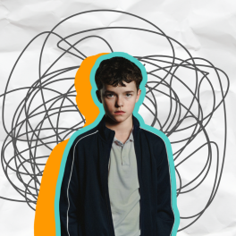 Jamie from the show Adolescence with teal and orange shadows around him on a paper background