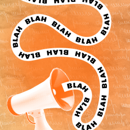 a halftone megaphone with the words "blah blah blah" coming out on an orange background