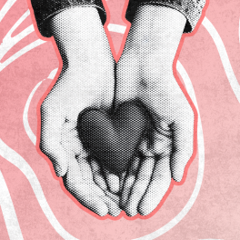 a halftone image of two hands holding a fabric heart on a pink background