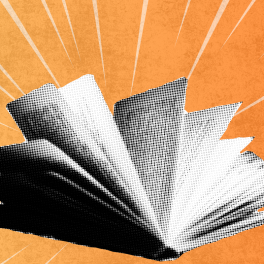 An halftone image of an open book on an orange background
