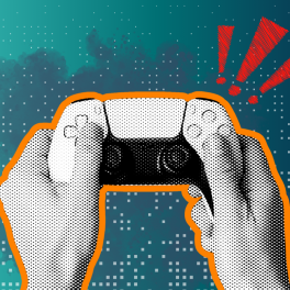 a halftone image of hands holding a video game controller on a blue gradient background