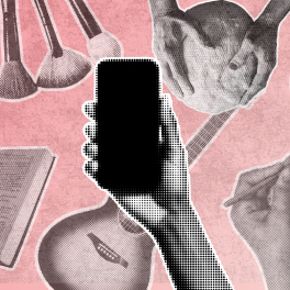 a compilation of hobby related images with a halftone hand holding a phone on top