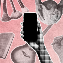 a compilation of hobby related images with a halftone hand holding a phone on top