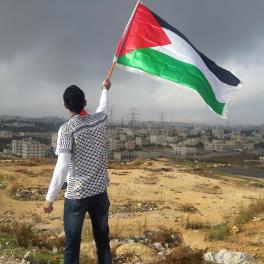A man waving a Palestinian flag. 