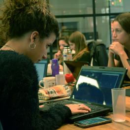 A woman working on a laptop. 