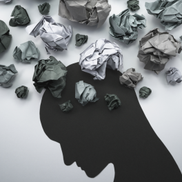 a silhouette of a human head with gray balls of paper surrounding it