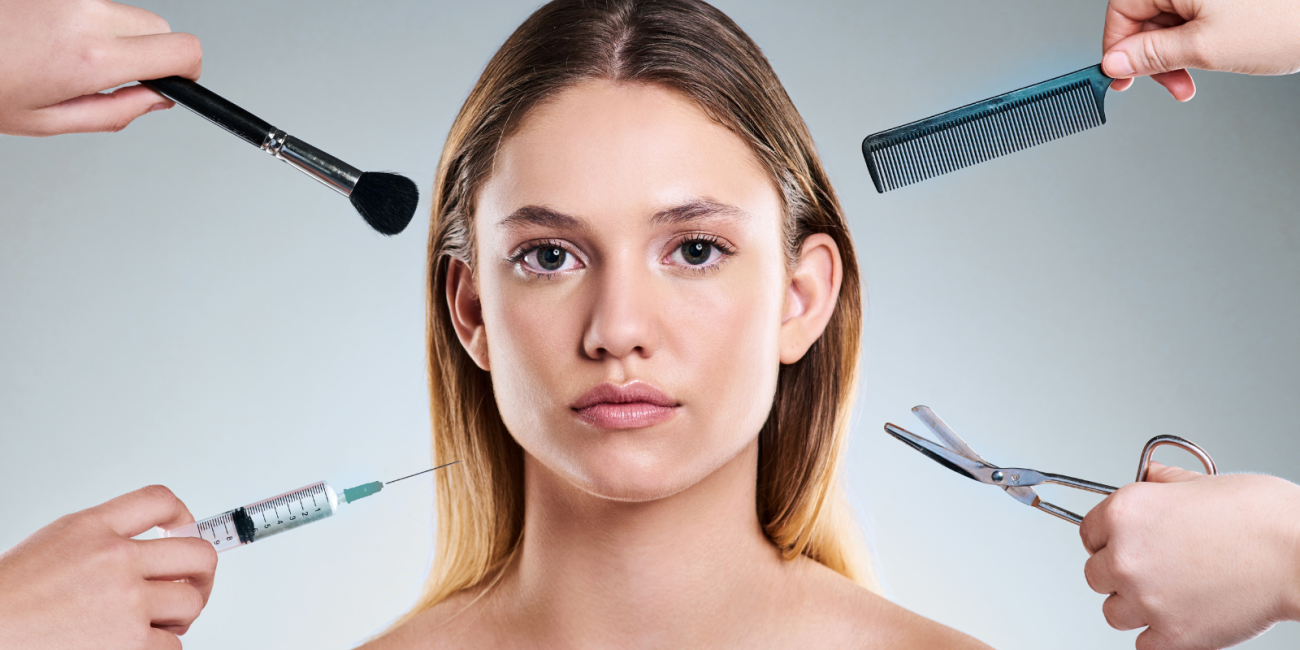 woman with surrounded by a makeup brush, botox needle, comb and hair scissors