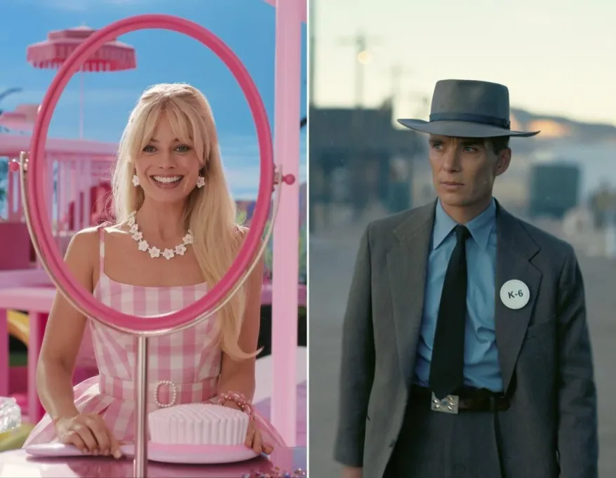 a screenshot from the barbie movie and a screenshot from oppenheimer