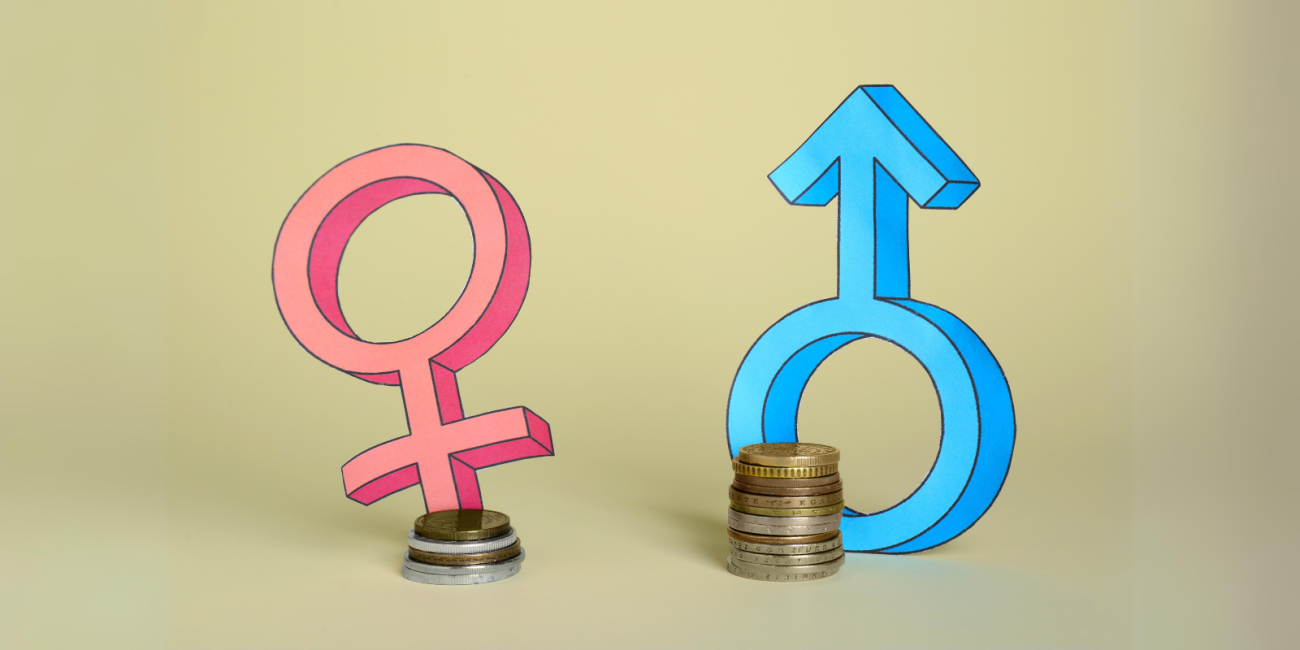 a woman and male symbol with coins next to them