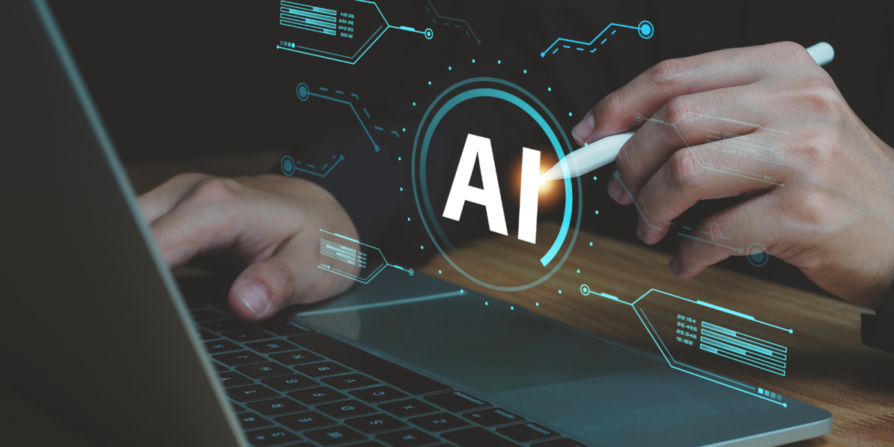 a hand taping on a graphic that says "AI"