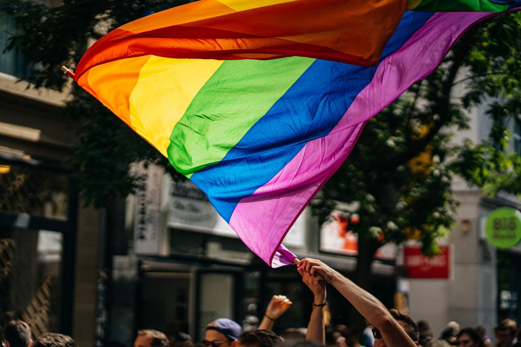 pride flag being waved above a crowd