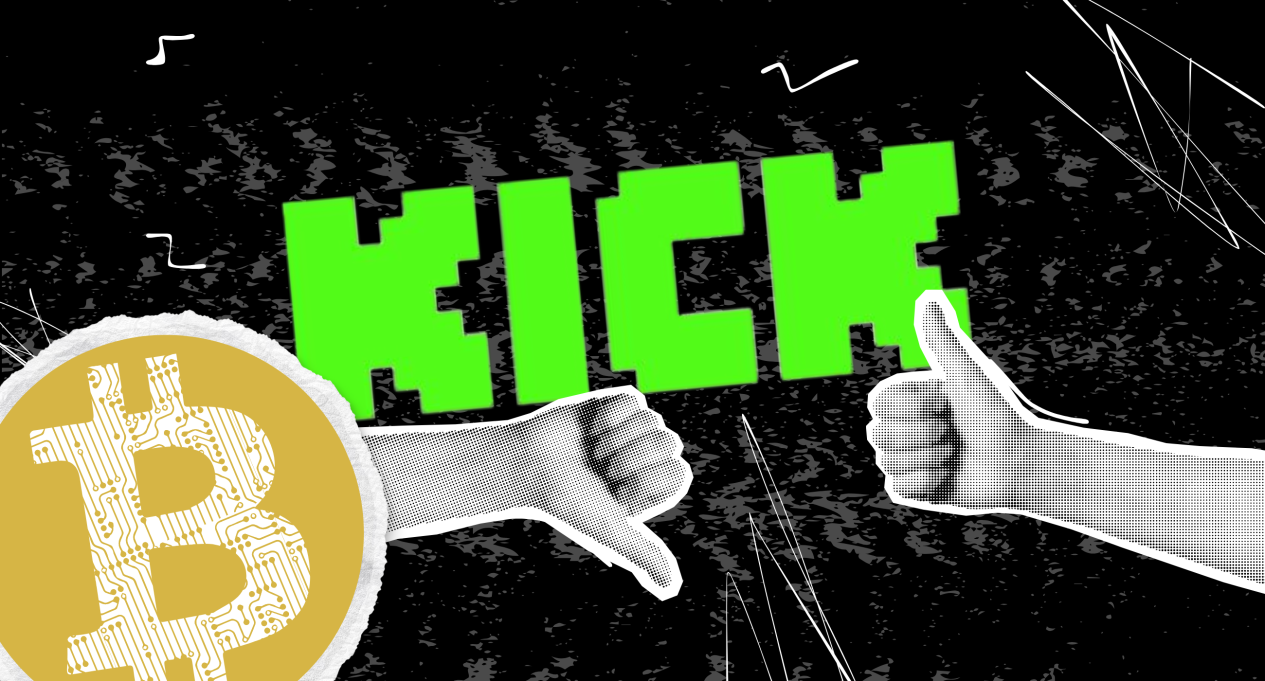 Kick logo with thumbs up and thumbs down and bitcoin graphics