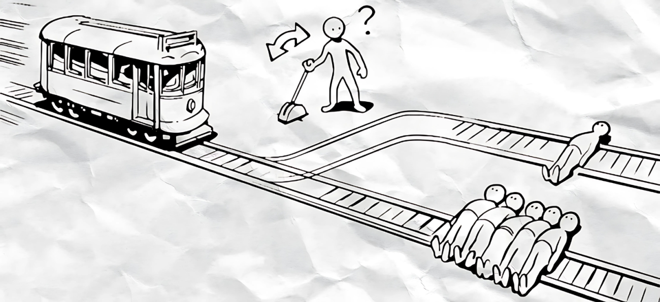 an illustration of the trolley problem on a paper background