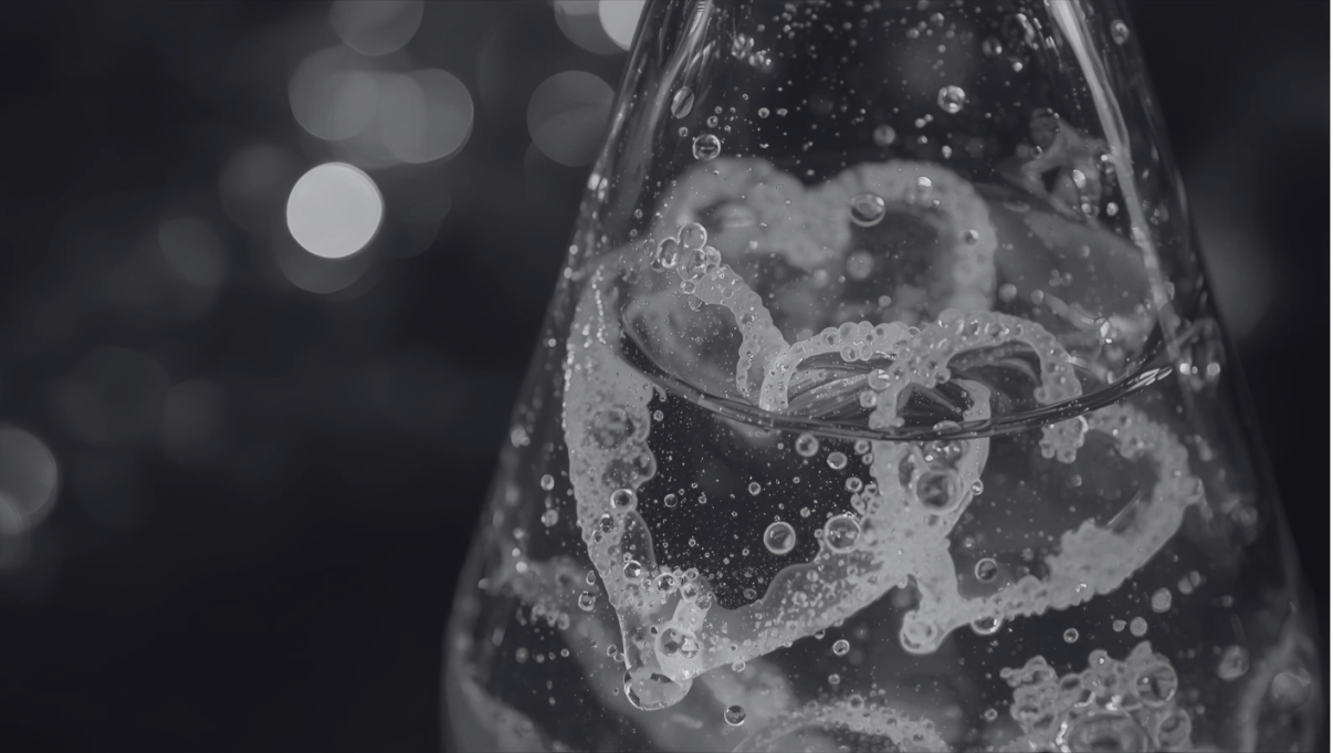 chemical bubbles in the shape of a heart in a beaker - black and white 