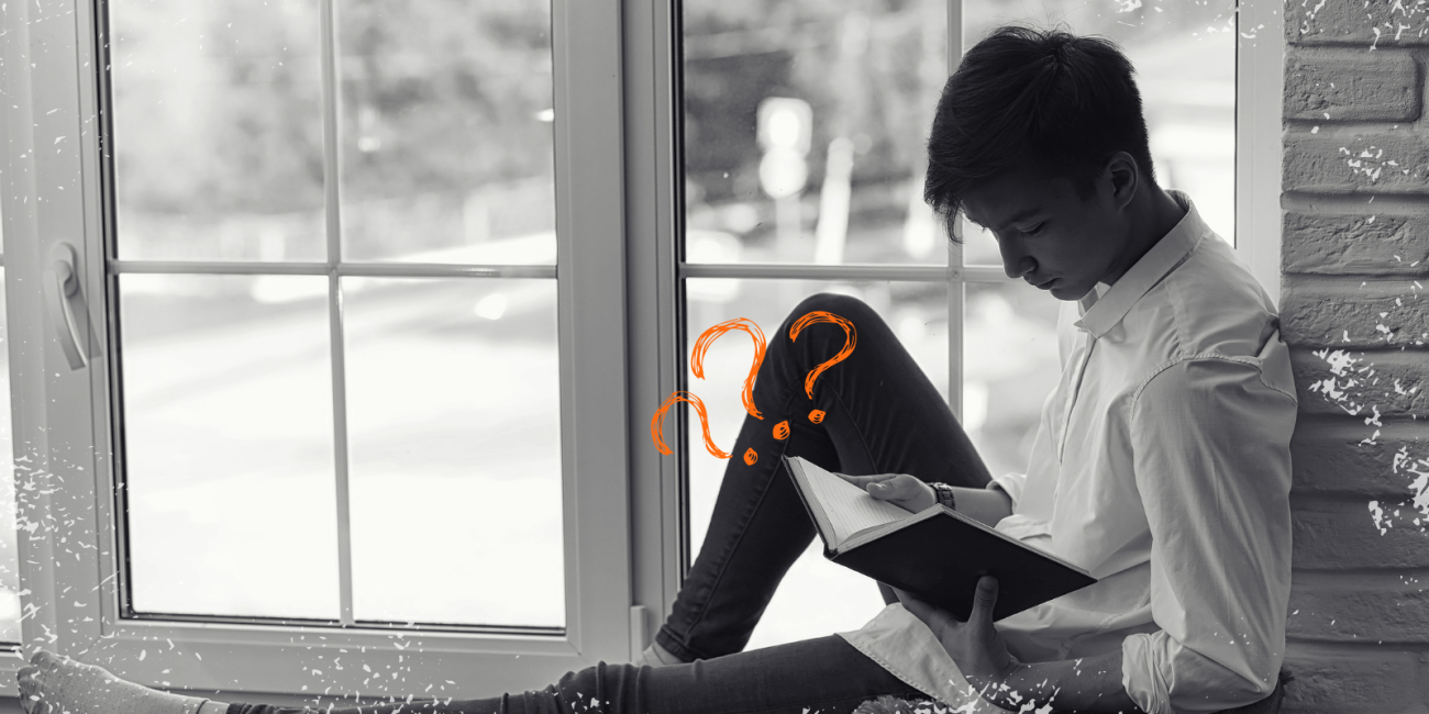 a teen boy sitting by a window reading a book with sketched question marks on top of the image
