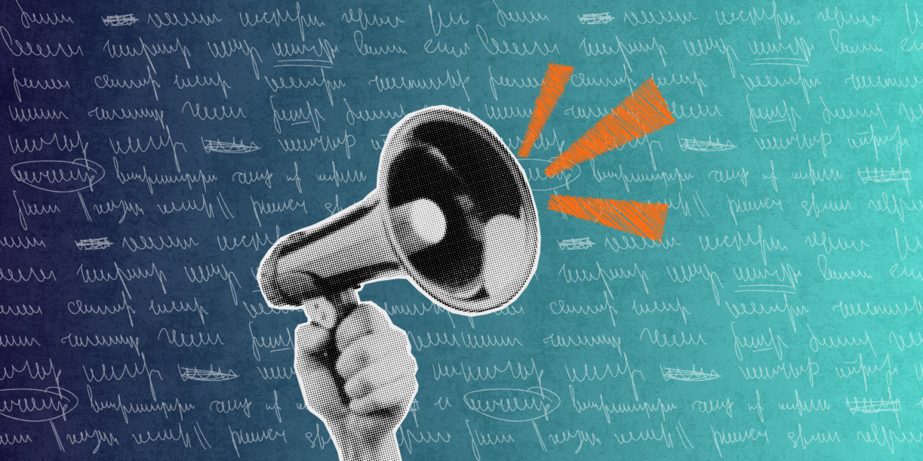a black and white depiction of a hand holding a megaphone on a gradient blue background