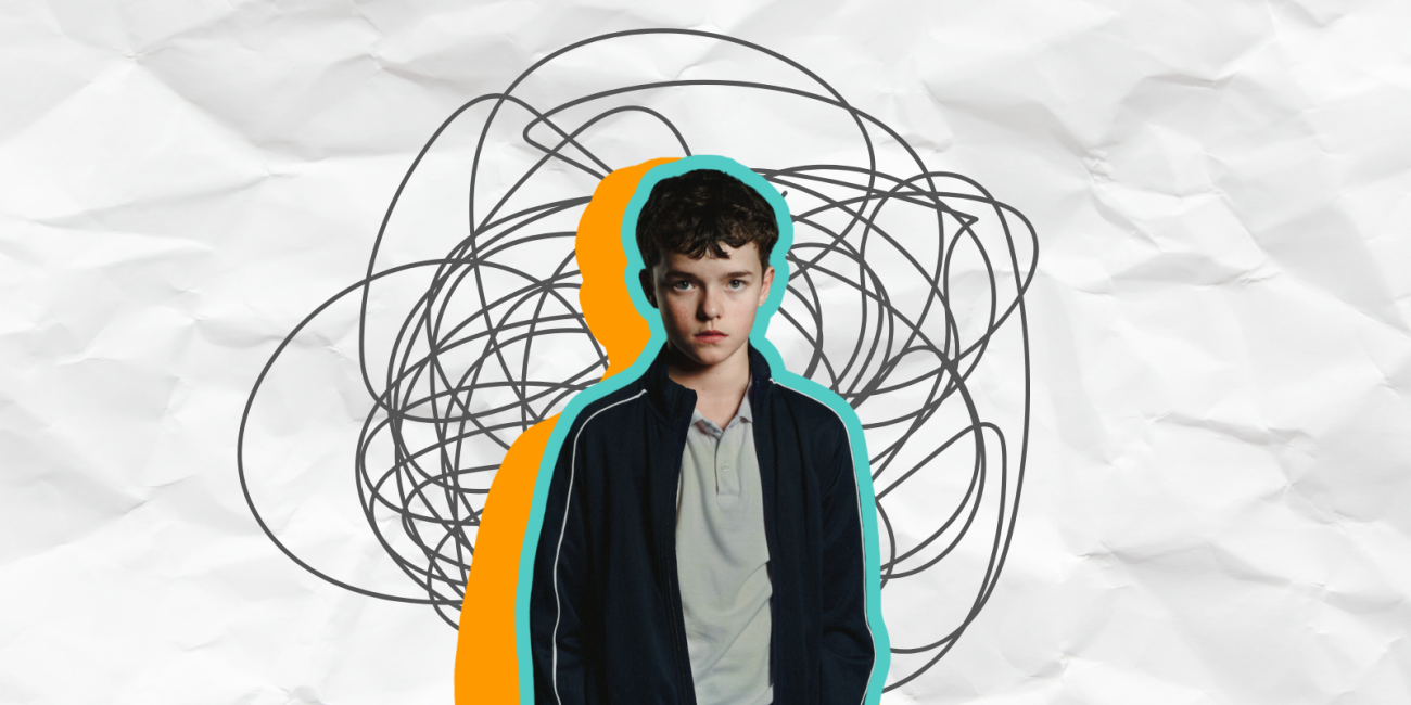 Jamie from the show Adolescence with teal and orange shadows around him on a paper background