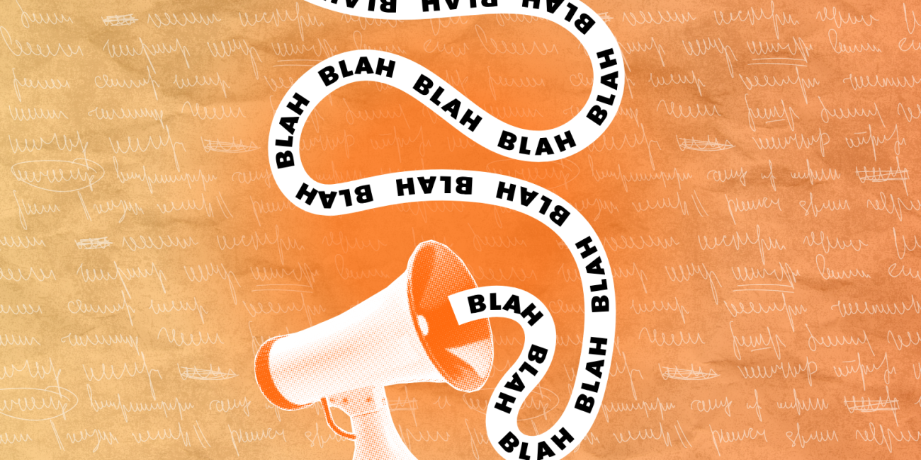 a halftone megaphone with the words "blah blah blah" coming out on an orange background