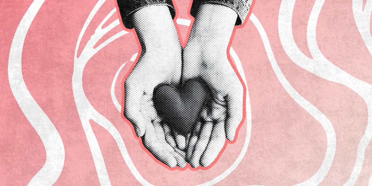 a halftone image of two hands holding a fabric heart on a pink background